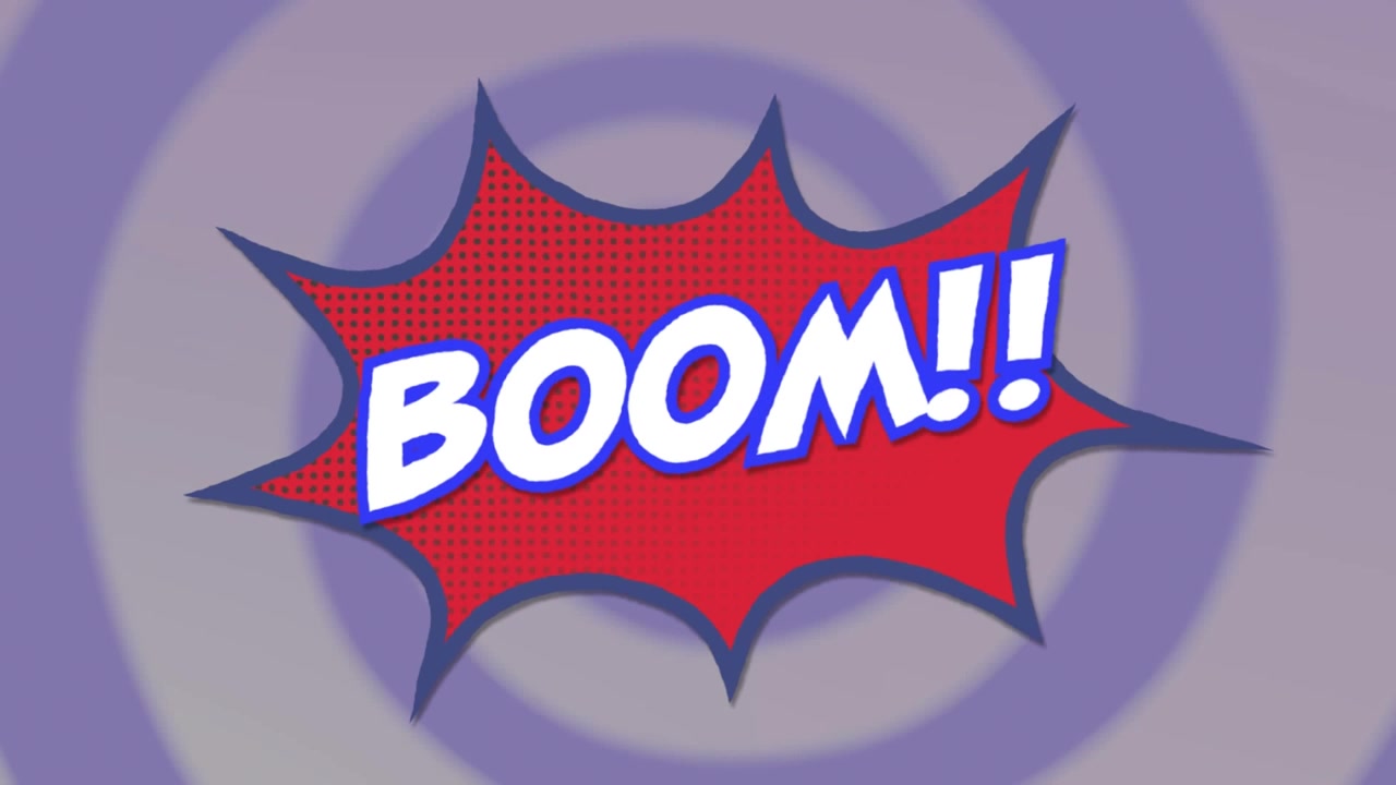 Animation of boom text over vintage speech bubble and stripes