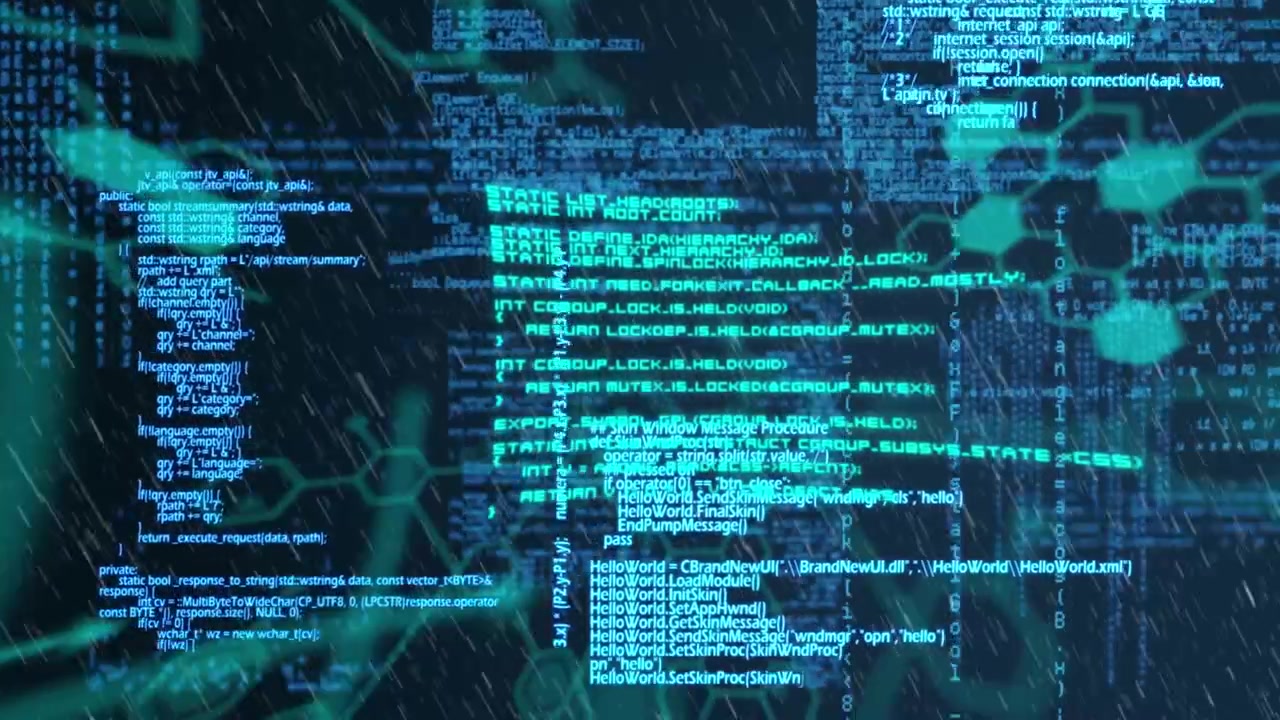 Animation of green hexagons over data processing on black and blue background