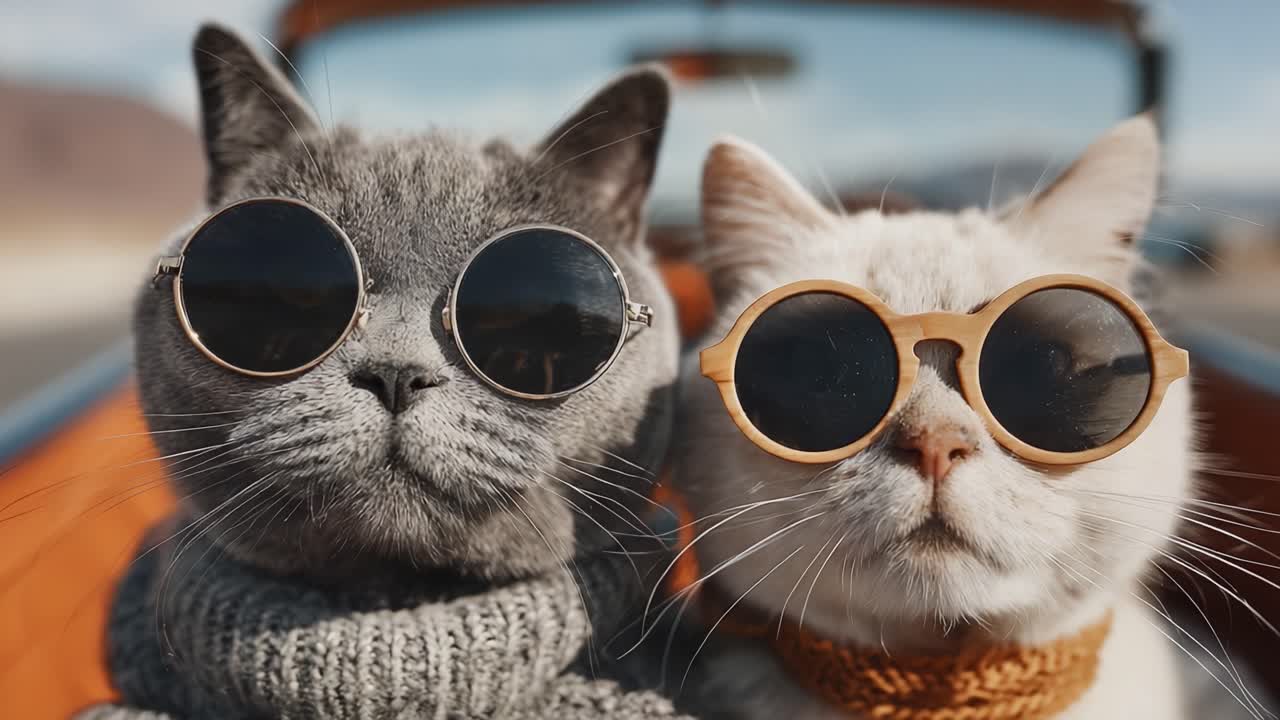 Due gatti eleganti con occhiali da sole siedono insieme in un'auto decappottabile d'epoca, irradiando fascino e personalità in una giornata di sole durante la loro avventura panoramica.