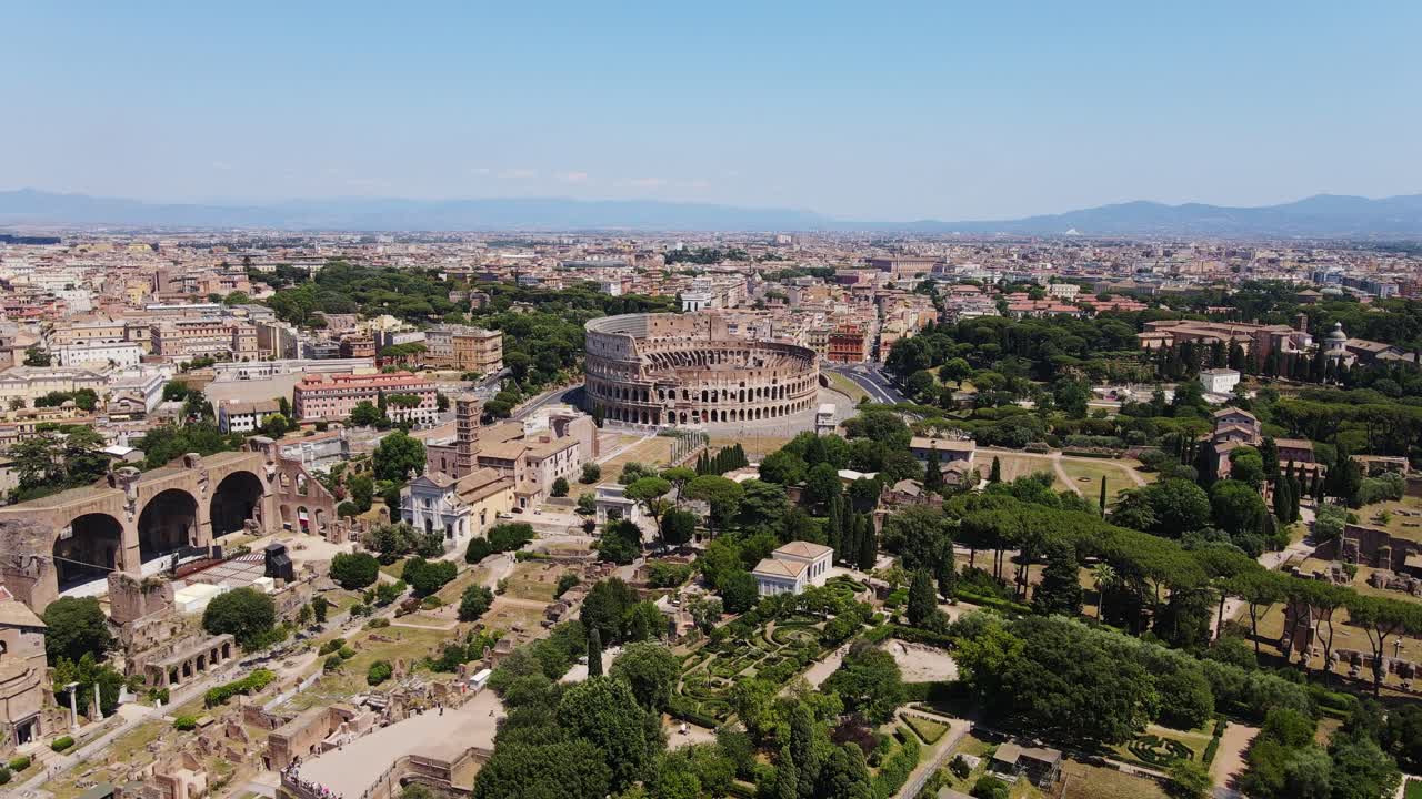 Epic panoramic view of ancient Rome with Colosseum, vast historic remains, Italy