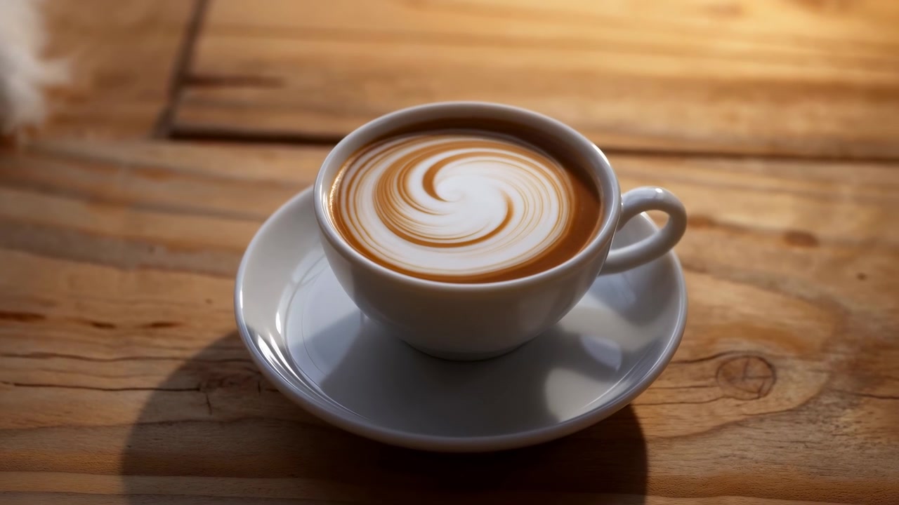 Tazza di ceramica bianca di latte macchiato con schiuma di latte vorticosa su un piattino, appoggiata su un tavolo di legno rustico alla calda luce naturale con ombre morbide, in un accogliente caffè.