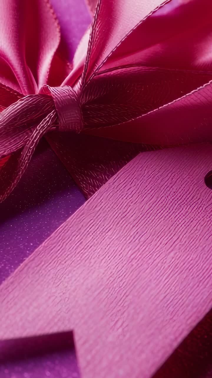 Vertical video: Pulling camera back from bow knot at wrapping area, revealing glittered gift tag