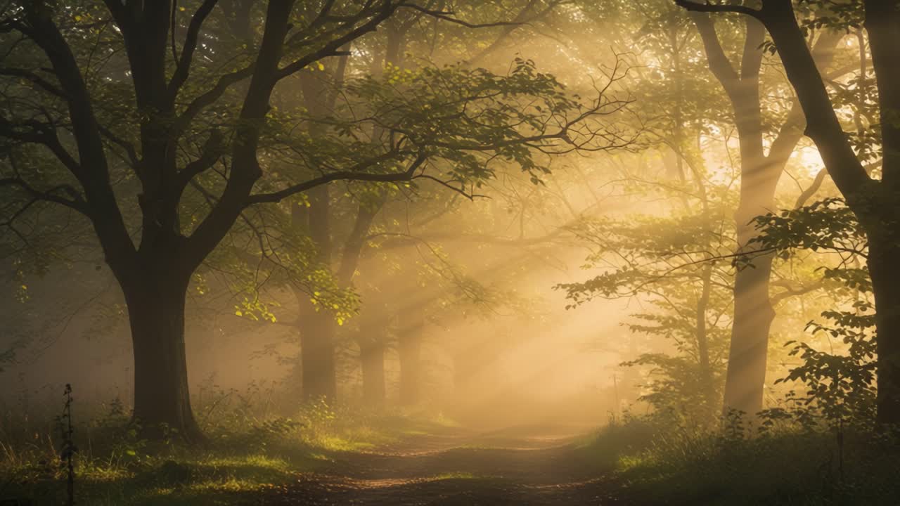 A Serene Misty Pathway Through Lush Green Trees Bathed in Soft Morning Light, Creating a Dreamlike Forest Scene of Tranquility and Natural Beauty