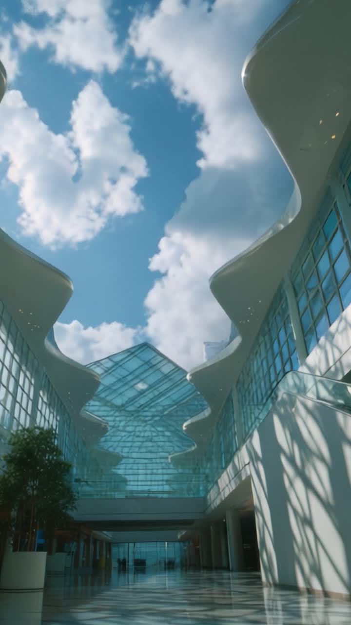 Um átrio luminoso e moderno exibindo arquitetura de vidro sob céus azuis com padrões de nuvens únicos e luz natural filtrando-se pela estrutura.