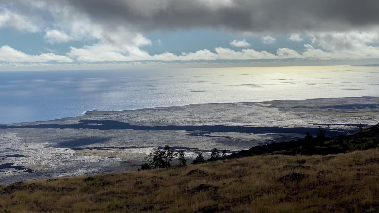 Looking down on lava flow at Hawaii Volcanoes National Park towards Pacific