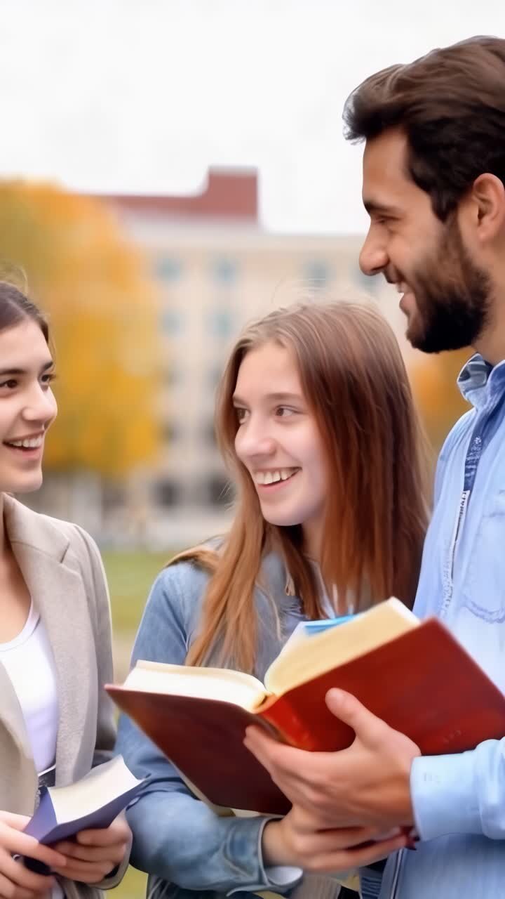 Tre giovani studenti che parlano e si divertono nel campus universitario