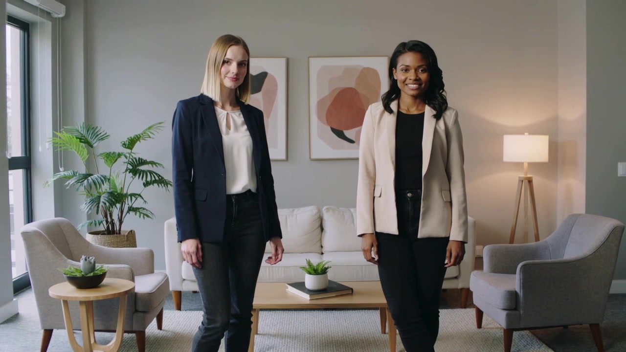 Kameraet starter, to kvinder iført blazere justerer holdning, poserer og smiler i lounge på sofaen.