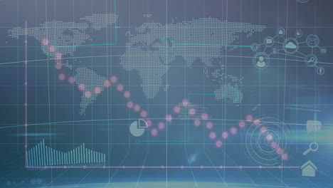 global financial data analysis animation over world map and graphs