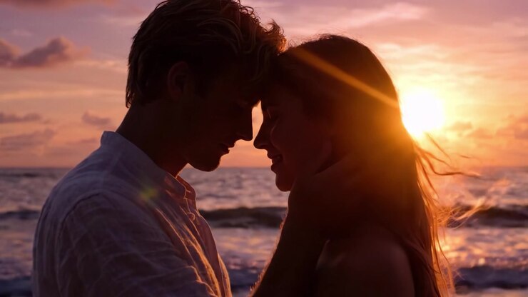 Un abbraccio romantico al tramonto: due innamorati creano un momento intimo sullo sfondo di un orizzonte oceanico mozzafiato mentre il sole tramonta con colori vivaci.