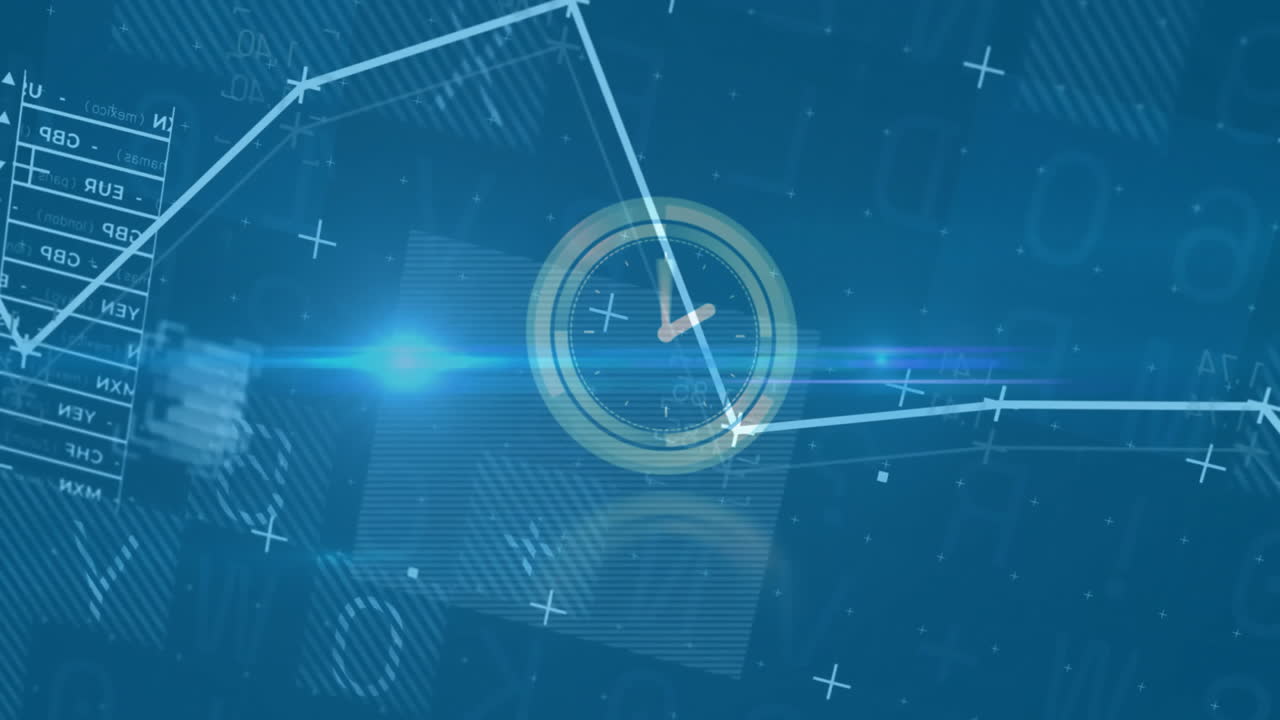 Clock face and data charts animation over digital blue background