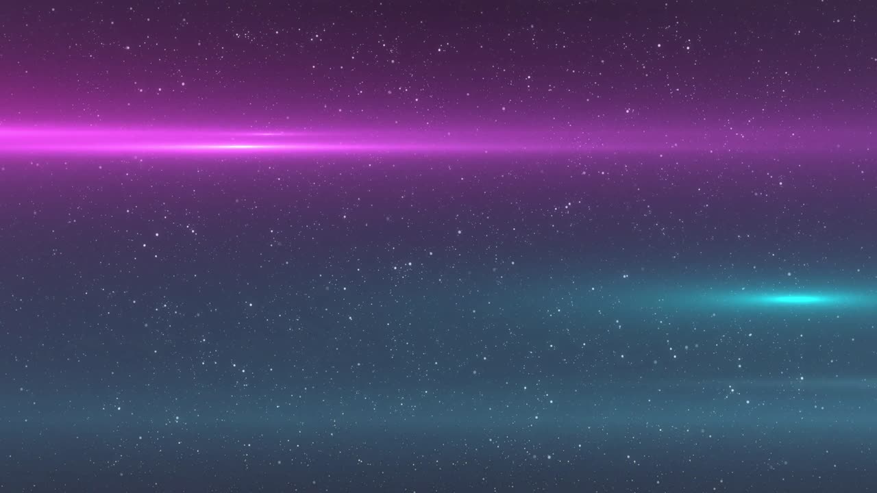 Animation of glowing purple and blue light over twinkling stars on black background