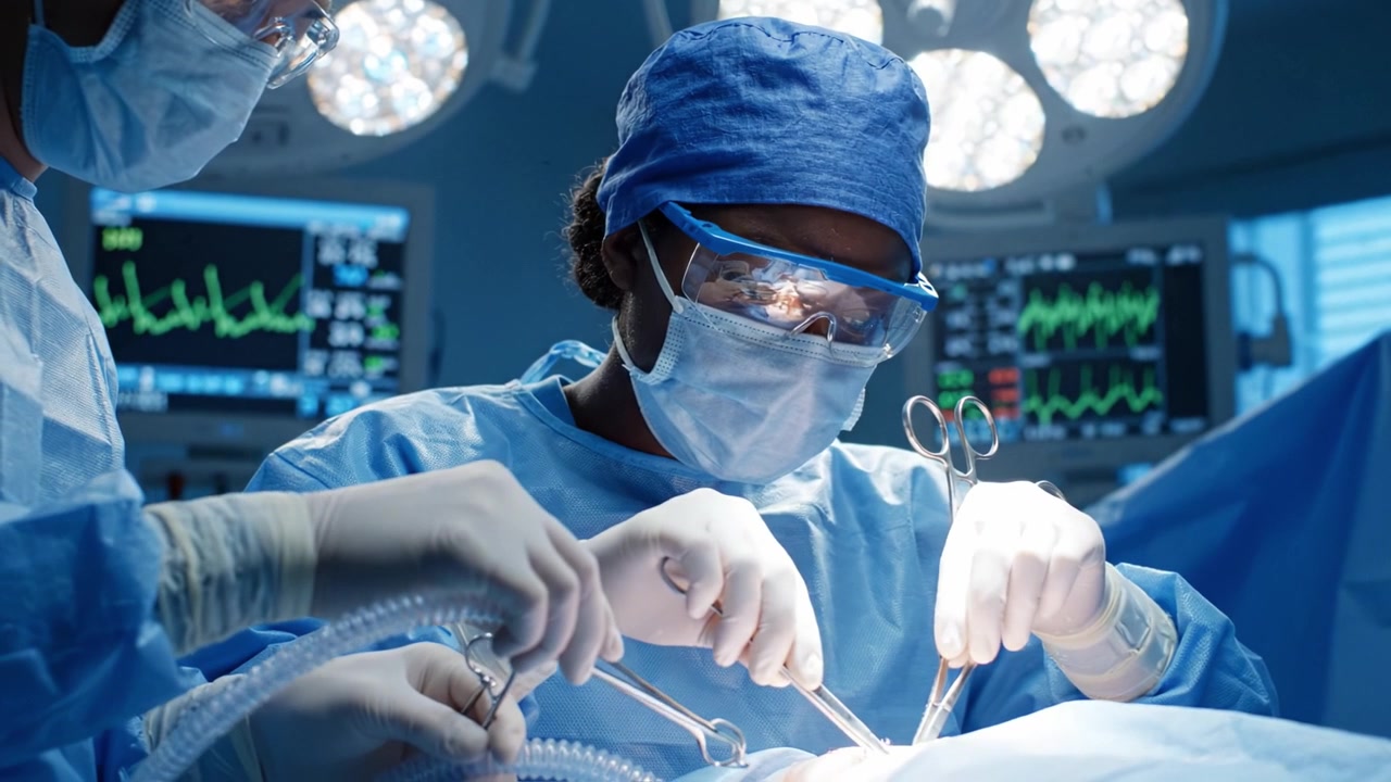 Chirurgo che esegue una complessa procedura chirurgica in una sala operatoria ad alta tecnologia con attrezzature di monitoraggio avanzate e personale medico ben addestrato.