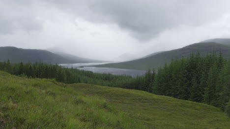 distant view of loch arklet on rainy day in scotland 4k
