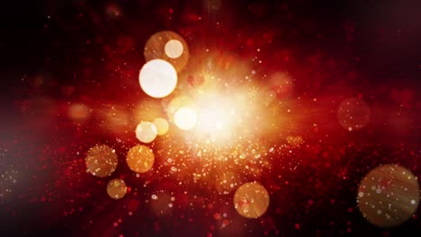 navidad abstracta y año nuevo fondo de movimiento festivo con bokeh dorado brillante. brillos brillantes copos de nieve y partículas de corazón con luz de llamarada. 4k 3d renderización de bucle sin fisuras saludo de invierno vdo
