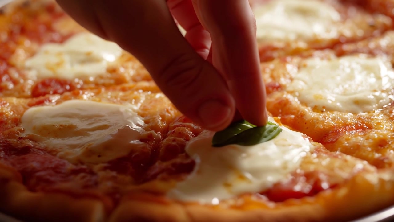 Una mano di cuoco entra dall'alto a sinistra e posiziona una foglia di basilico su una pizza con mozzarella sul bancone per guarnire.