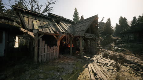 rustic wooden cabin in a forested area during bright daylight