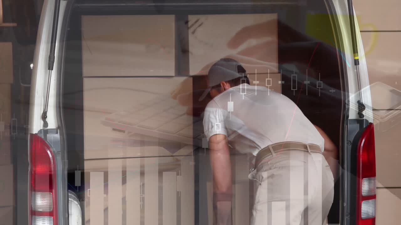 repartidor sacando paquetes de su furgoneta 4k