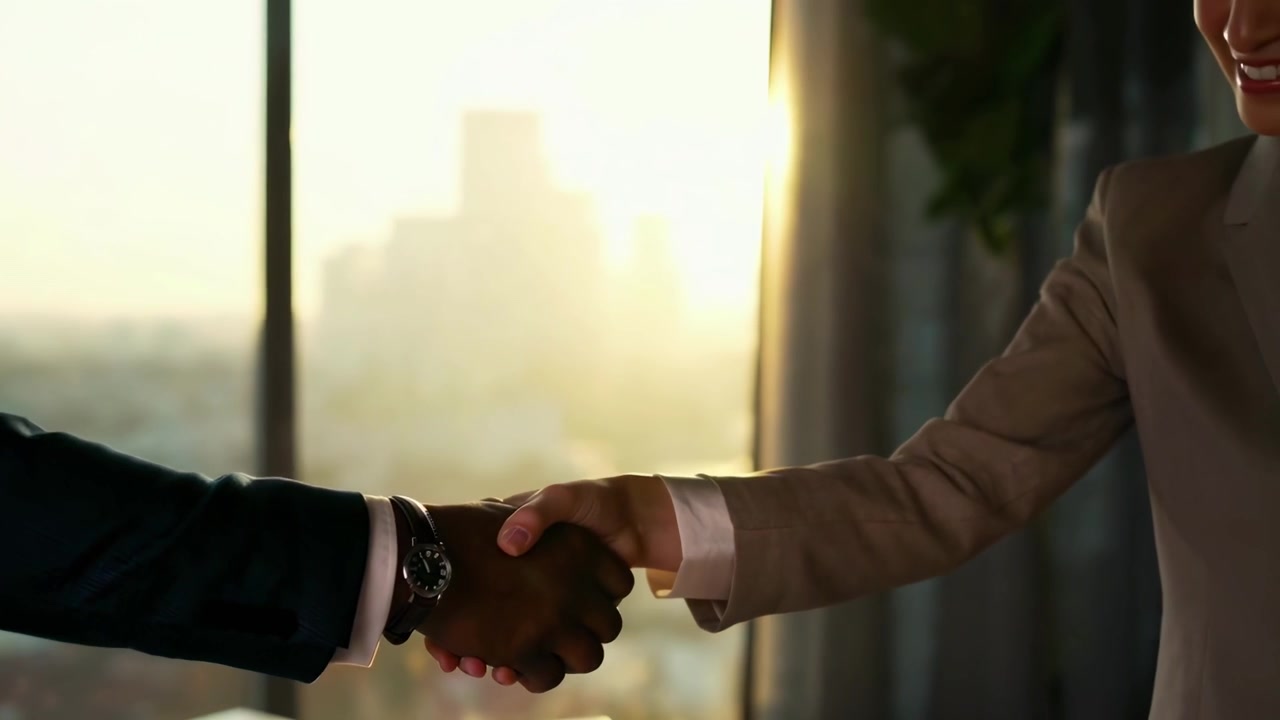 Professionisti d'affari che si stringono la mano in un moderno ufficio al tramonto