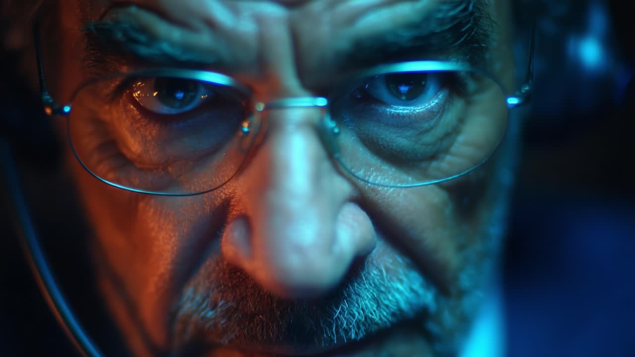 Intense Close-Up of an Engaged Individual Equipped with Headset, Capturing Focus and Determination Amidst a Dimly Lit Environment