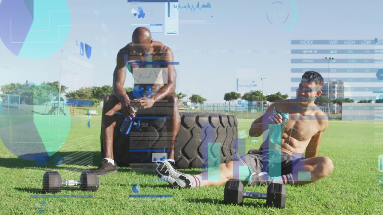Two men pausing after fitness session, reaching bottles and hydrating as HUD overlaying dumbbells
