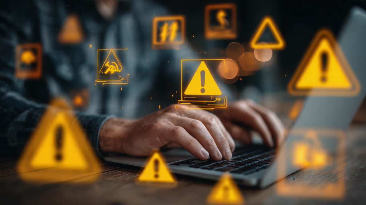 A Person Typing on a Laptop Surrounded by Various Warning Icons and Alerts, Highlighting Digital Security Hazards and Cautionary Messages in a Modern Workspace