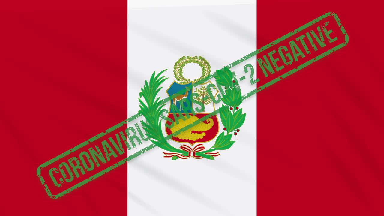 perú balanceando una bandera con un sello verde de libertad del coronavirus, bucle