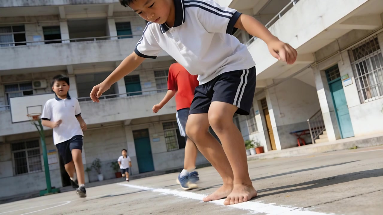 Ragazzo scalzo in equilibrio con pantaloncini polo bianchi che gioca mentre i coetanei corrono verso una linea dipinta a scuola.