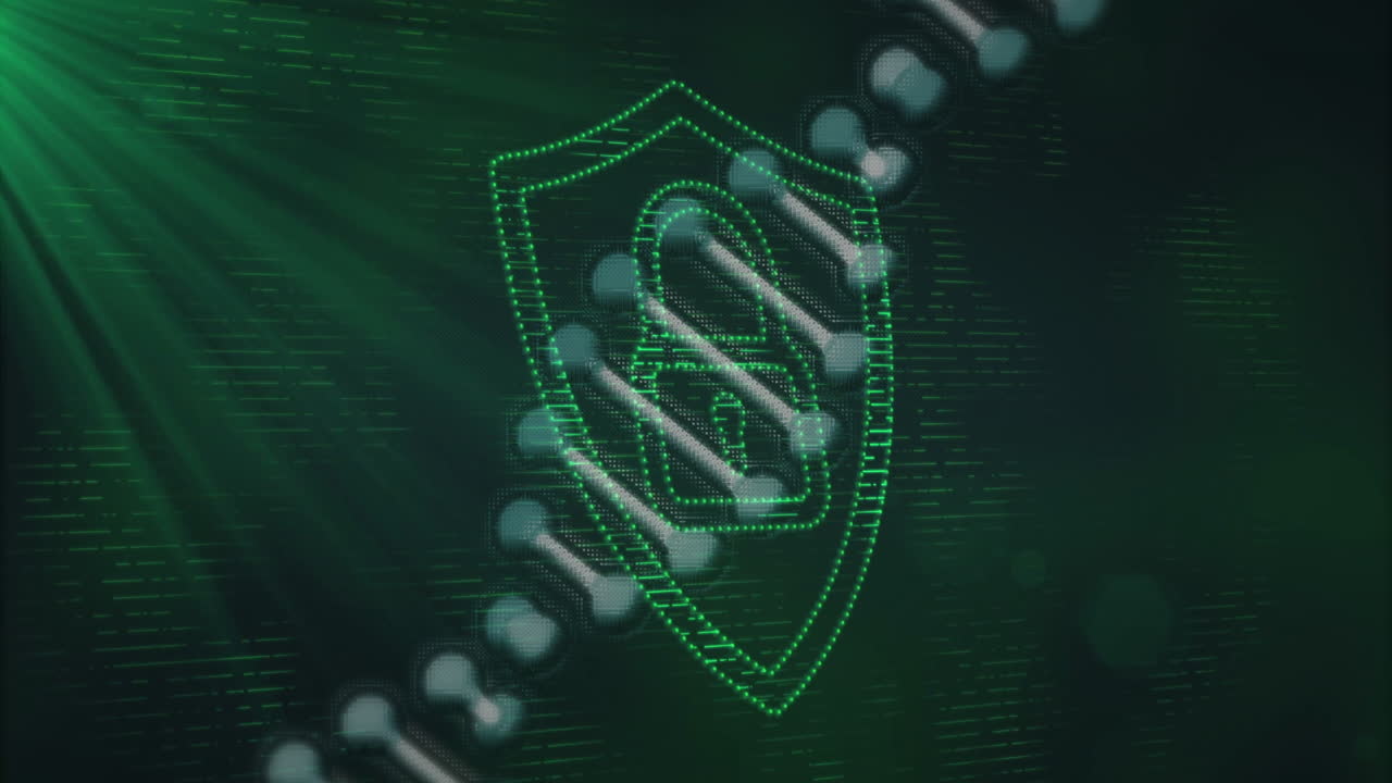 Animation of digital lock and shield icon over binary code with green light effects