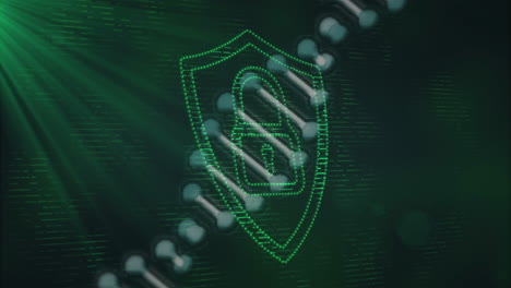 animation of digital lock and shield icon over binary code with green light effects
