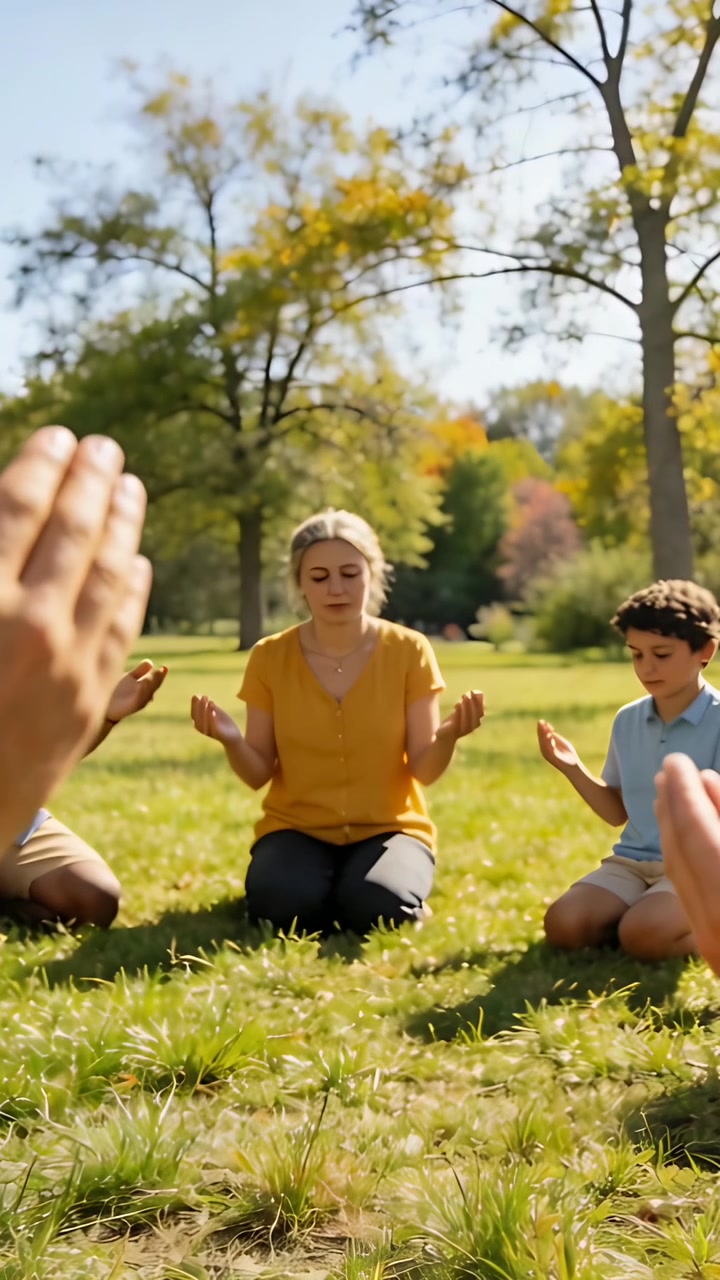 Vertikal video: Hænder indrammes, kvinde i gul top guider dreng med håndfladerne opad til meditation i park.