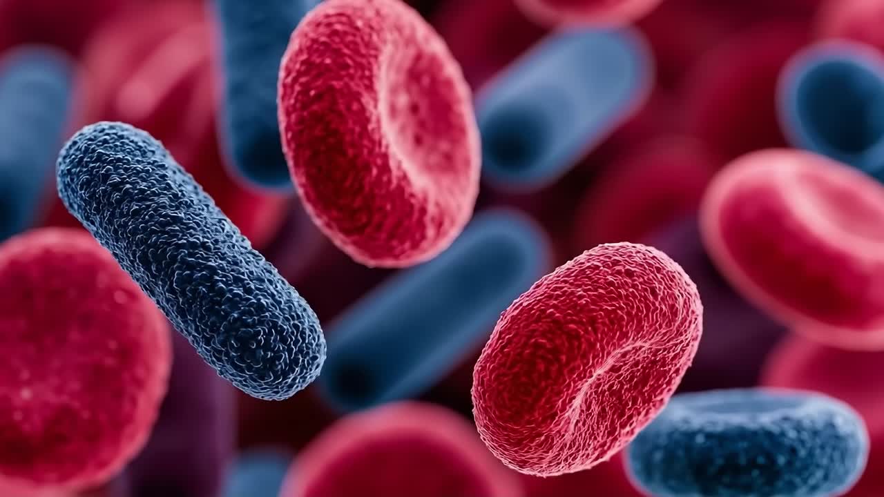 A close up of a group of red and blue bacteria