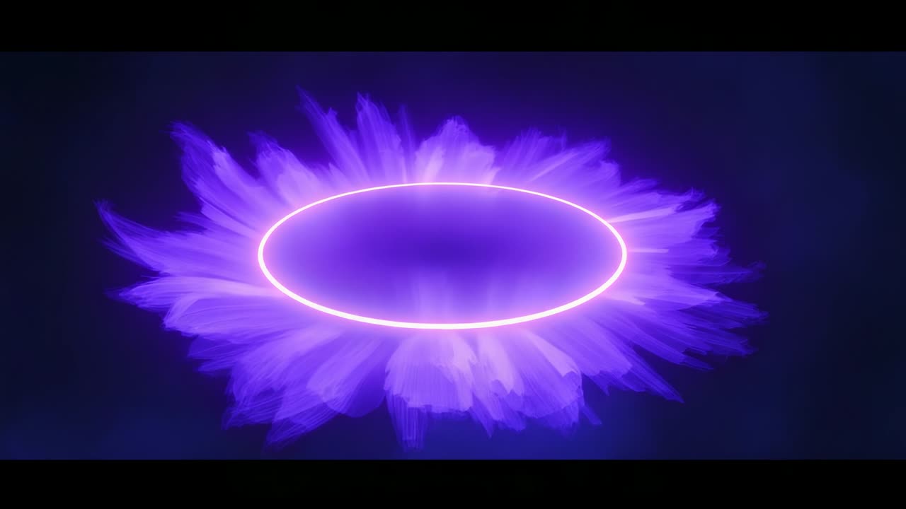 Emerging neon-bright elliptical ring forming pulsating purple aura in void, radiating jagged spikes