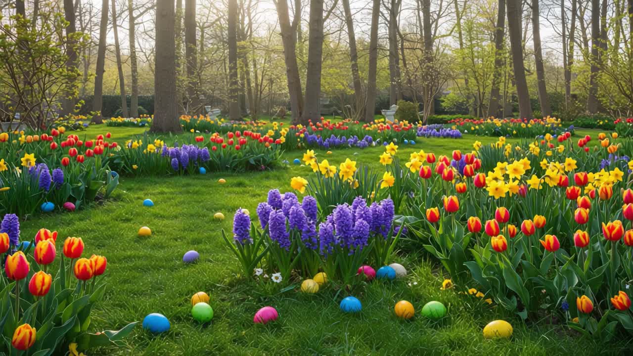 A Vibrant Spring Garden Featuring Colorful Flowers and Eggs: A Lush Display of Tulips, Daffodils, and Hyacinths Surrounded by a Serene Natural Landscape