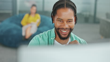 working, business and happy black man on computer
