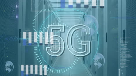 Animation-Von-5g-Text,-Rundscannern-Und-Statistischer-Datenverarbeitung-Im-Computerserverraum