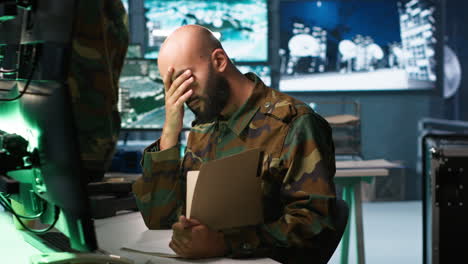 tired military officer reading intel folder on enemy, feeling fatigued