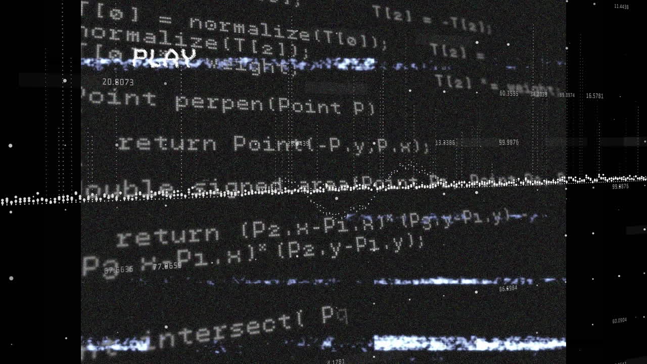 Animation of white data, on video playback screen with interference, on black