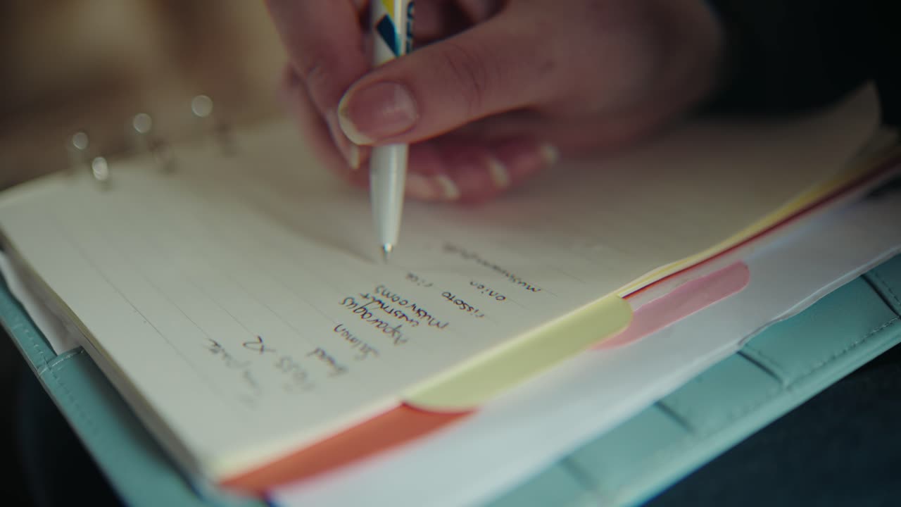 escribiendo a mano el plan de comidas diarias en un cuaderno, primer plano