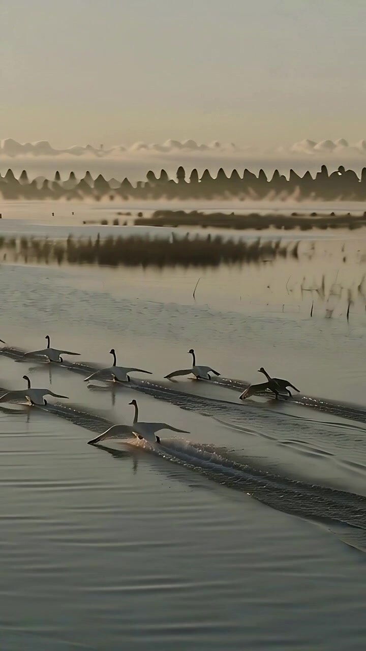 Vertical video: Gliding white swans beating wings, running across marsh at dawn, leaving wakes