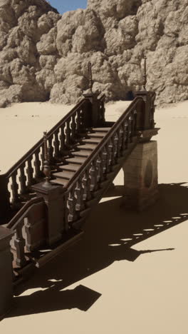 a wooden staircase leading up to a stone archway in a desert landscape