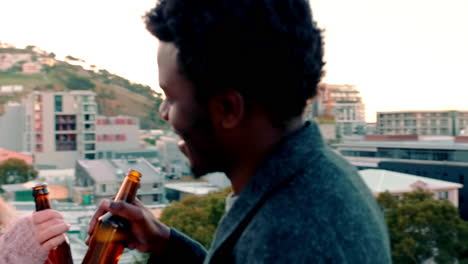 love, couple and toast with beer in city