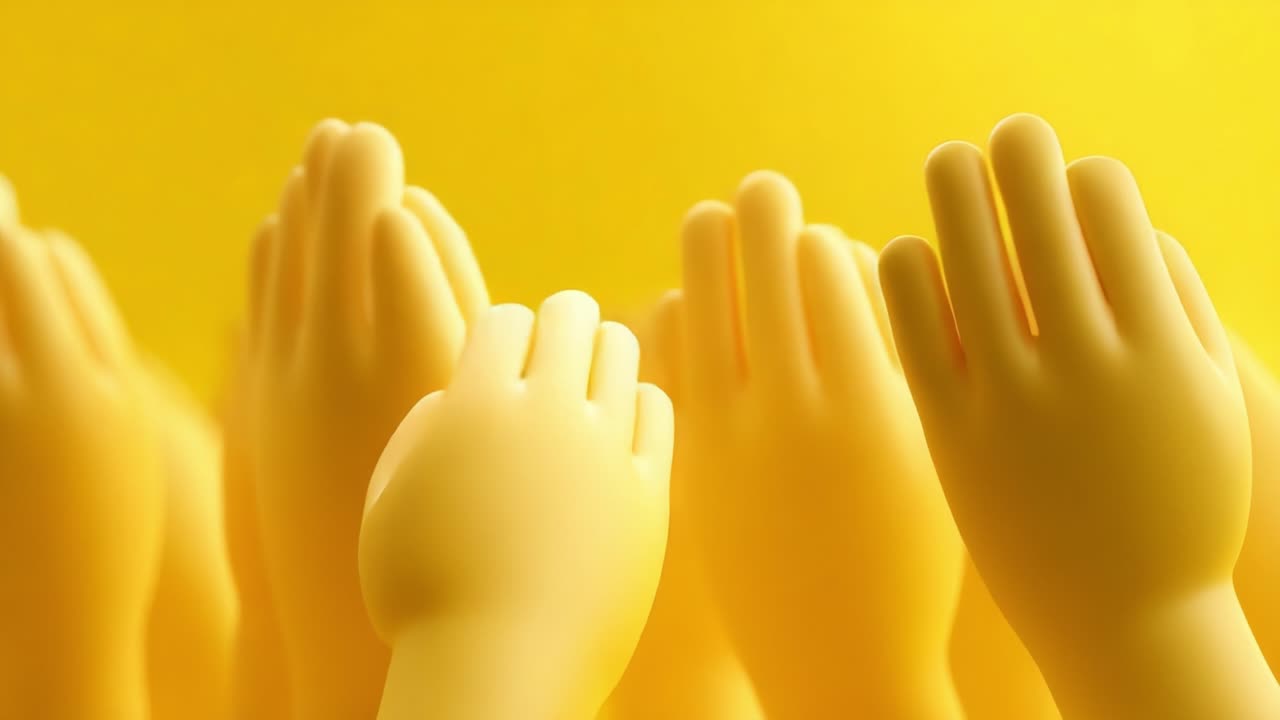 A Captivating Collection of Yellow Plastic Hands Reaching Upward Against a Brilliant Yellow Background, Symbolizing Unity, Engagement, and Expression in a Playful Manner