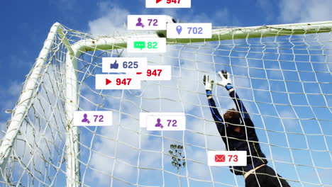 animation of notification bars, caucasian soccer goalkeeper unable to stop goal against cloudy sky