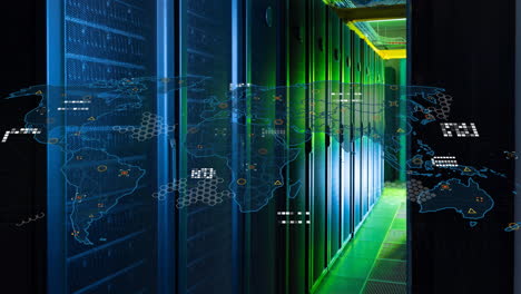 animación del mapa del mundo contra la sala del servidor de la computadora