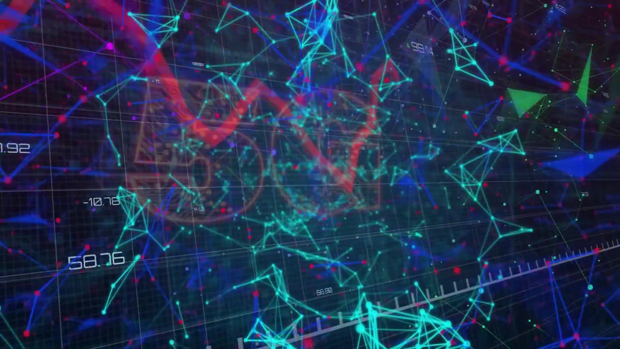 Dark 3D grid appearing triggers nodes and facets connecting and pulsing red line showing trends