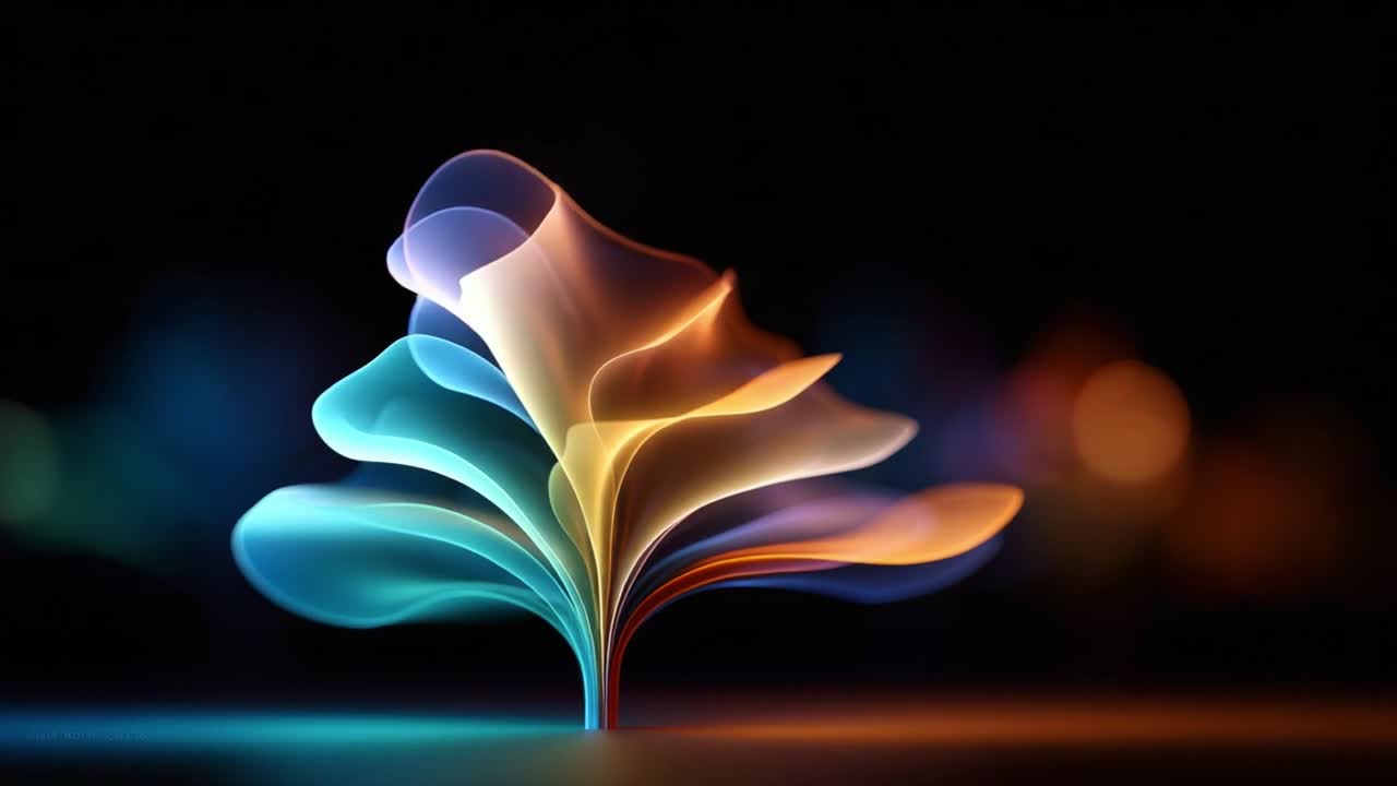 A Captivating Transformation of Light and Color: This Mesmerizing Abstract Art Features Fluid Curves and a Tree-Like Structure in a Dreamy, Ethereal Setting