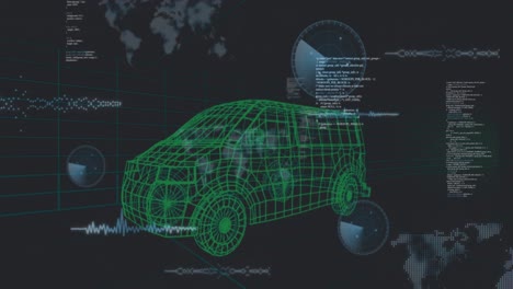 animation of data processing over 3d car model over grid on black background