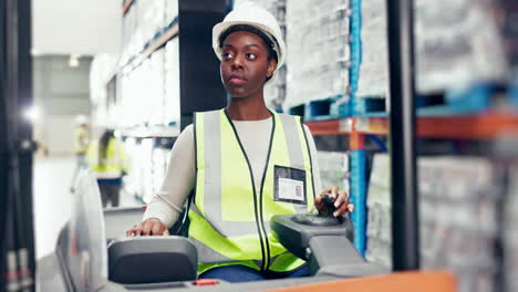 Woman,-workplace-and-forklift-in-warehouse