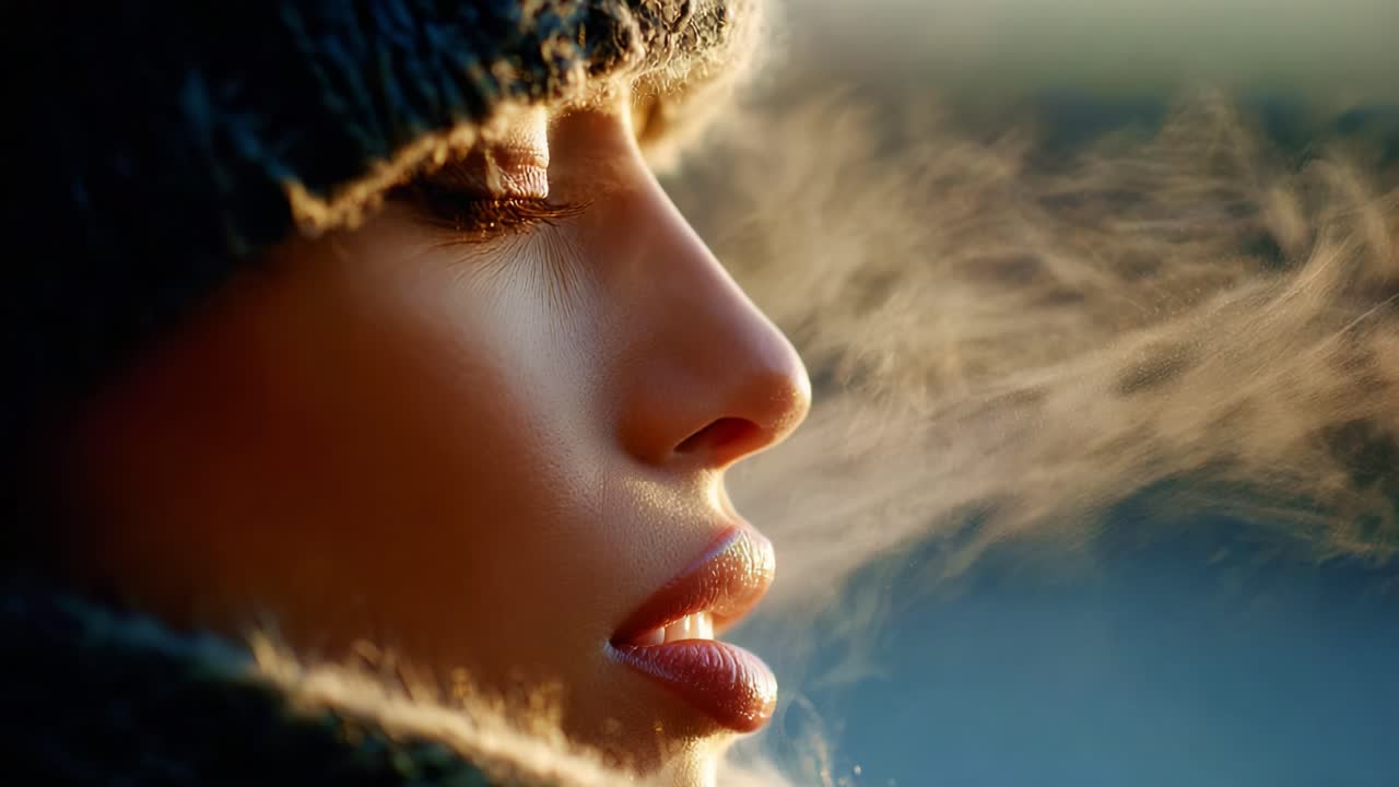 A Close-Up Portrait Capturing the Essence of Winter: A Woman in a Knit Hat Breathing Out Steam Amidst a Beautifully Blurred Winter Background