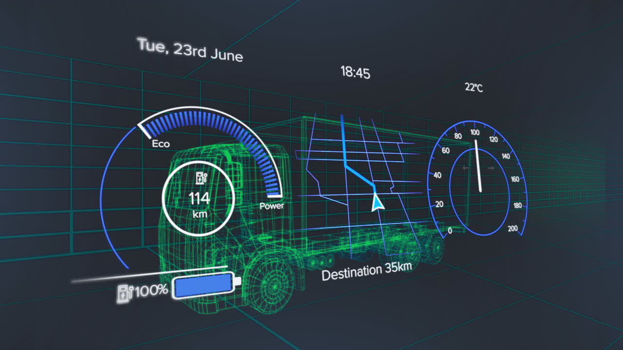 Animation of speedometer, gps and charge status data on vehicle interface, over 3d truck model